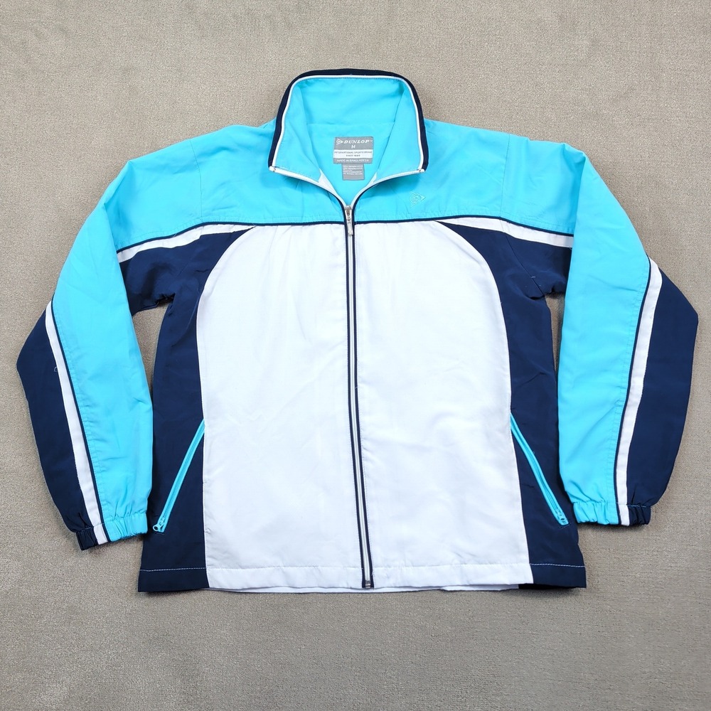 Dunlop Y2K Sporty Windbreaker Jacket Medium Blue White Colorblock Track Coat